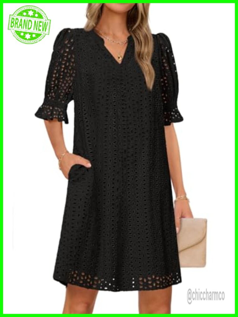 Women's Summer Short Sleeve V Neck Lace Eyelet Mini Dress